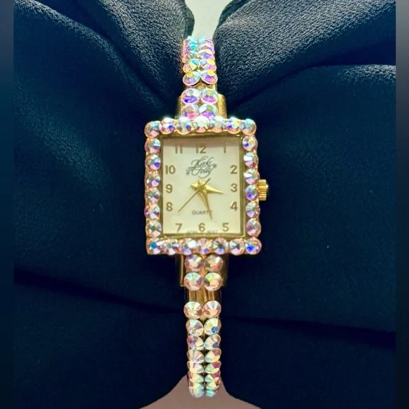 Vintage Kirks Folly Aurora Borealis Crystal Bangle Watch Gold Tone - Picture 3 of 9